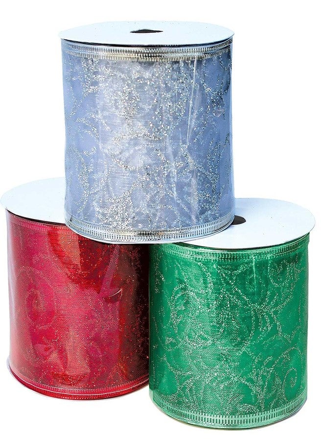 OLYPHAN Christmas Ribbon for Gift Wrapping Ribbons Wired - 2.5 Inch Set - Ribbon Wire Red, Green, and Silver Sheer Organza Glitter for Gift Wrap, Xmas Tree Decoration, Holiday Craft - Image 2